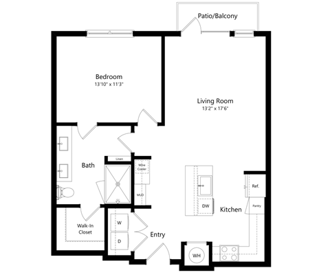 Floor plan for 1 bed, 1 bath, 827 sqft